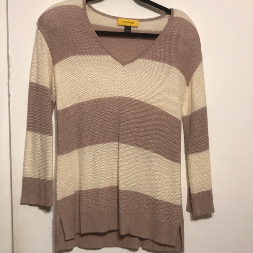 St John V Neck 3/4 Wool  Striped Sweater